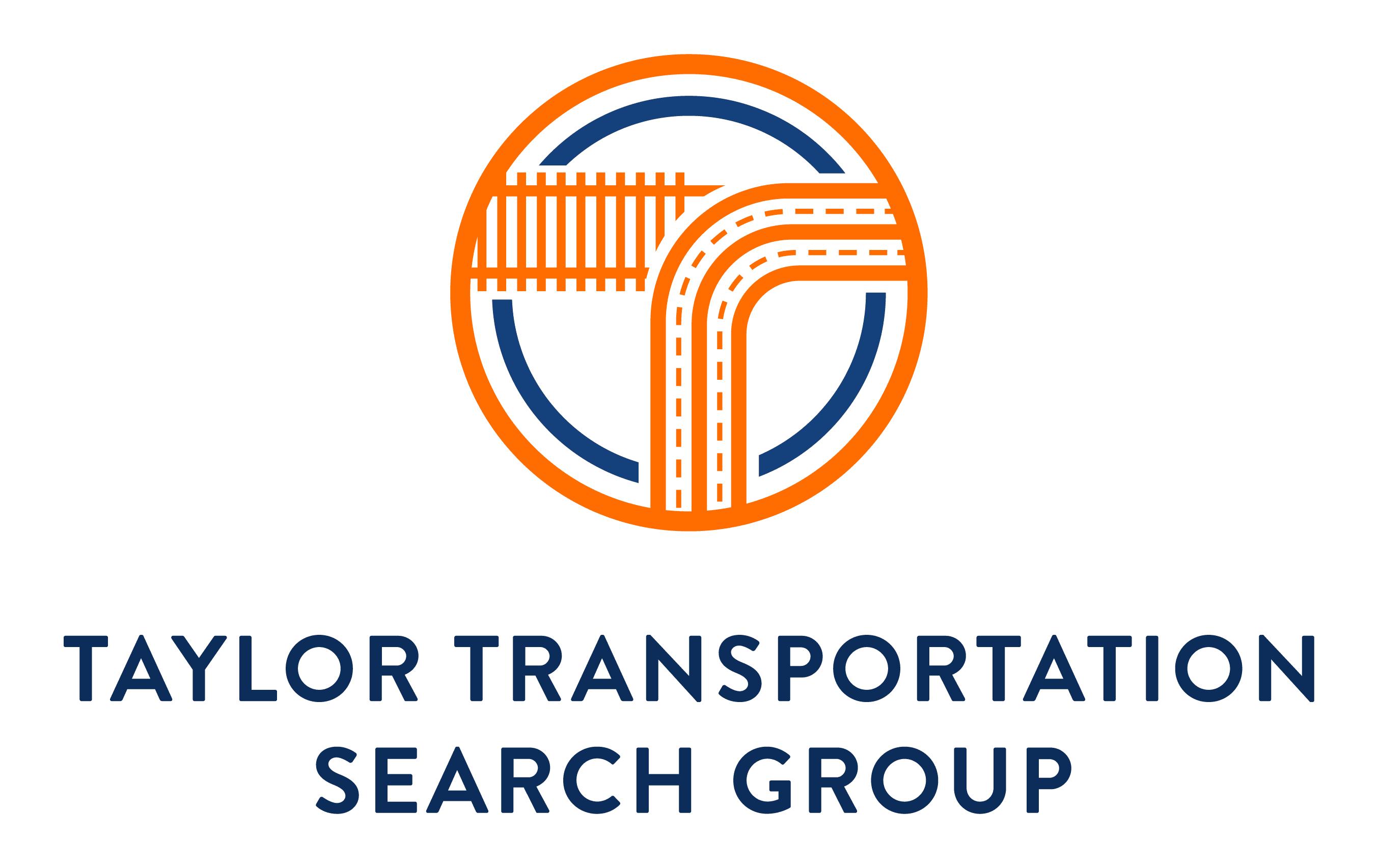 Logo of Taylor Transportation Search Group. Features an illustration of a road and railroad crossing within a circular border in orange and dark blue, with the company name below in bold dark blue letters.