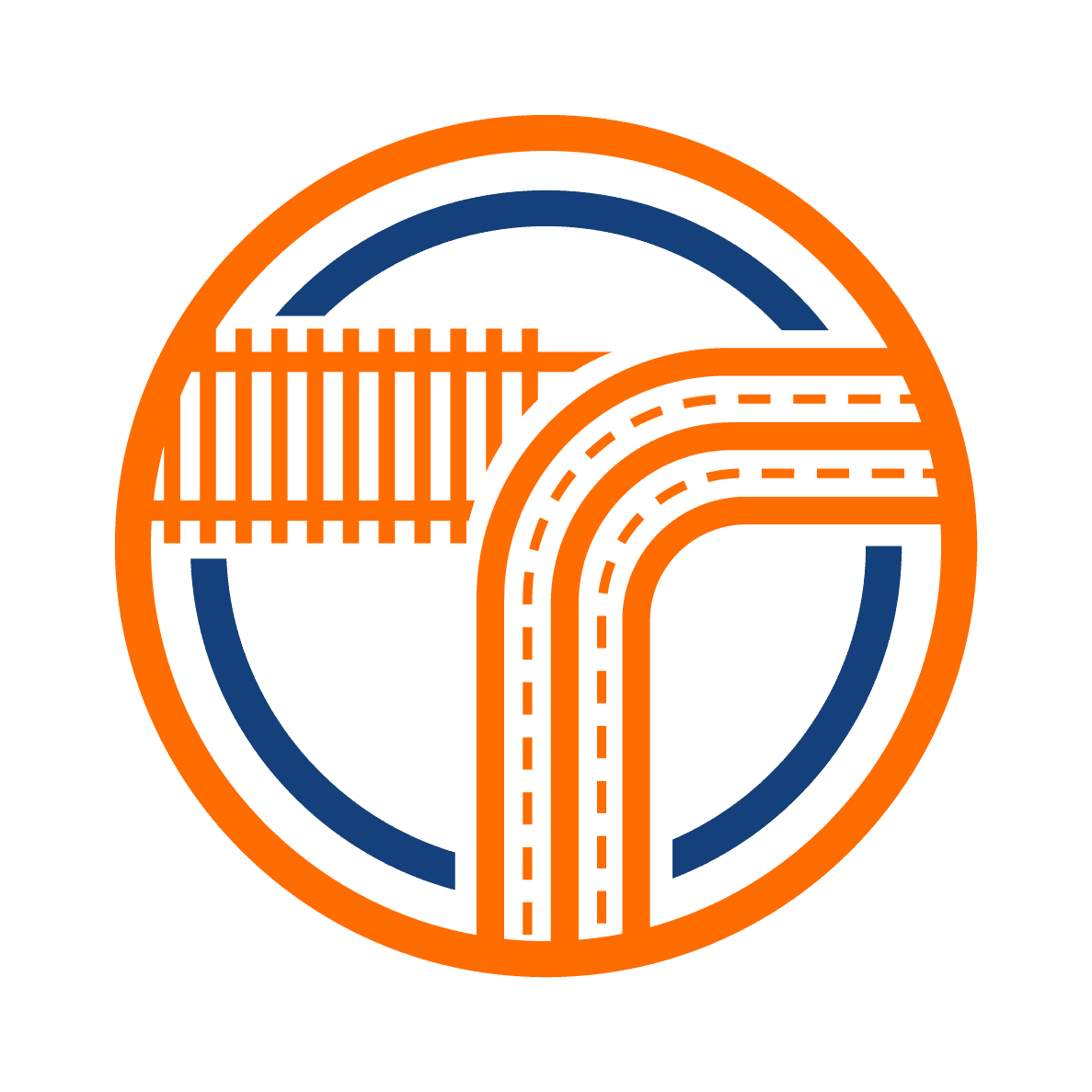 An abstract illustration with an orange circular border evokes the energy of transportation recruiters. Inside, a blue semi-circle intersects with white and orange striped paths resembling roads. The left path transitions into a blue, ladder-like shape.